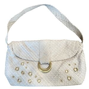 ELLIOTT LUCCA Woven Leather Shoulder Bag Gold Accents Off White